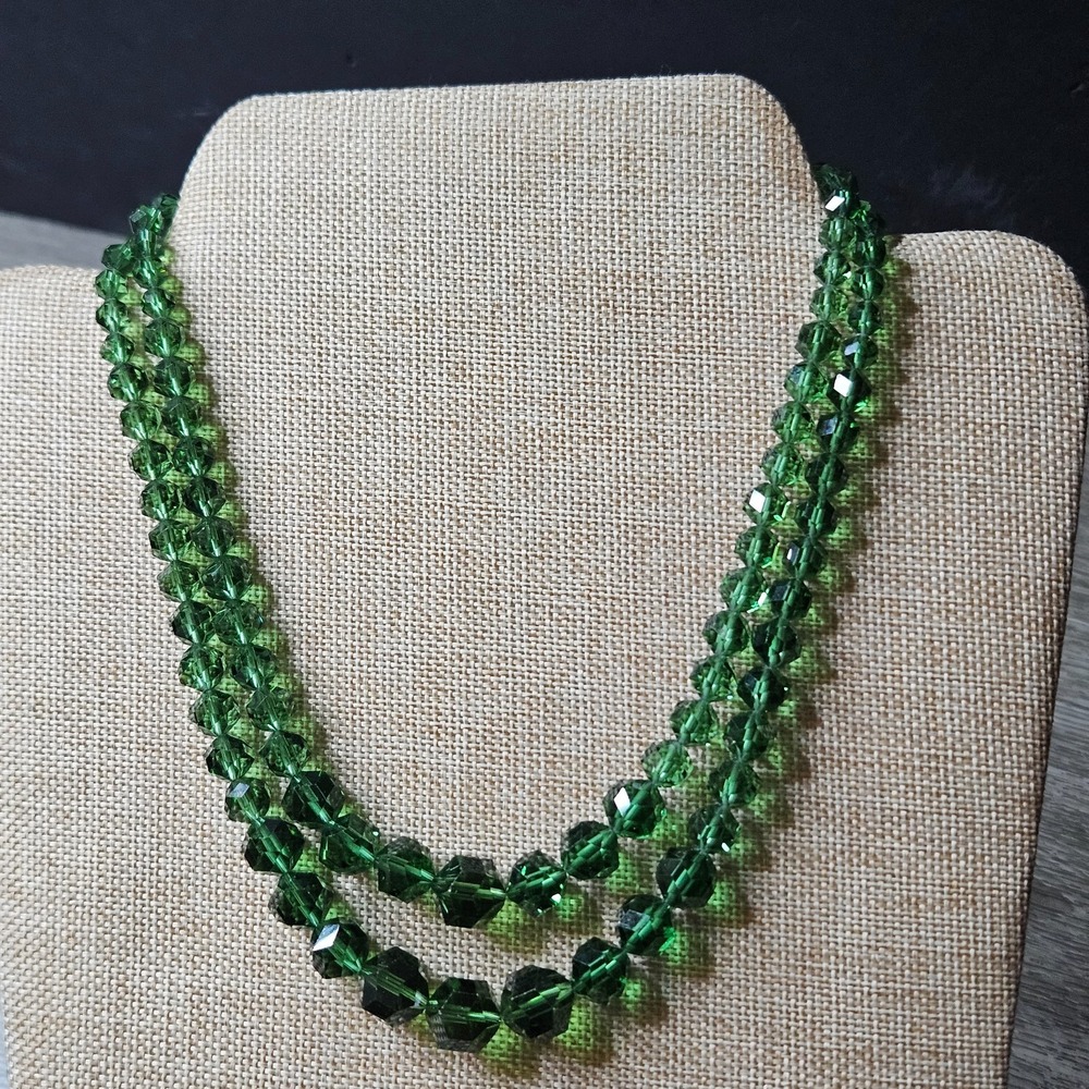 Vintage Art Deco Austria Emerald Green Crystal Double Strand Necklace Adjustable